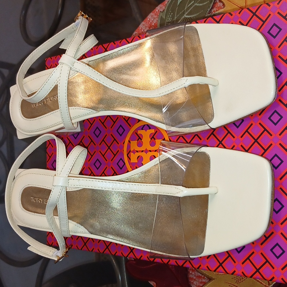 Tory Burch White and Clear T-Strap Sandals with Gold Footbed